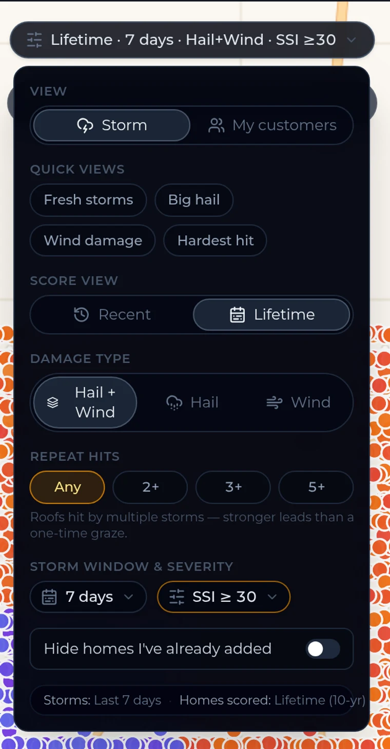 The storm map filter panel: view toggle, quick-view presets, Recent vs Lifetime score view, damage type, repeat hits, and storm window & severity