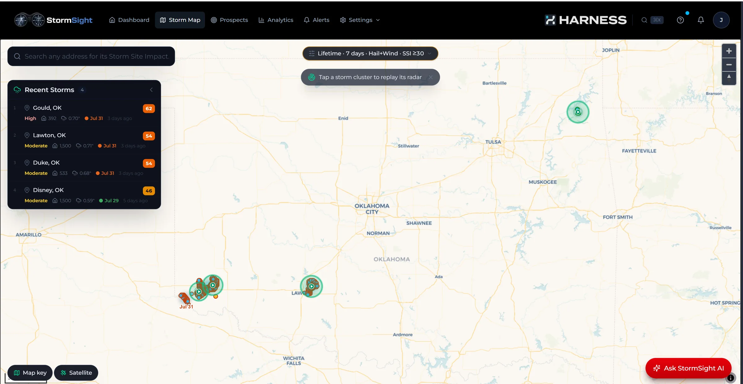 Statewide Oklahoma storm map: the Recent Storms rail ranks Gould (62), Lawton (54), Duke (54) and Disney (46) with homes affected, peak hail size and age, beside storm clusters each carrying a radar-replay button