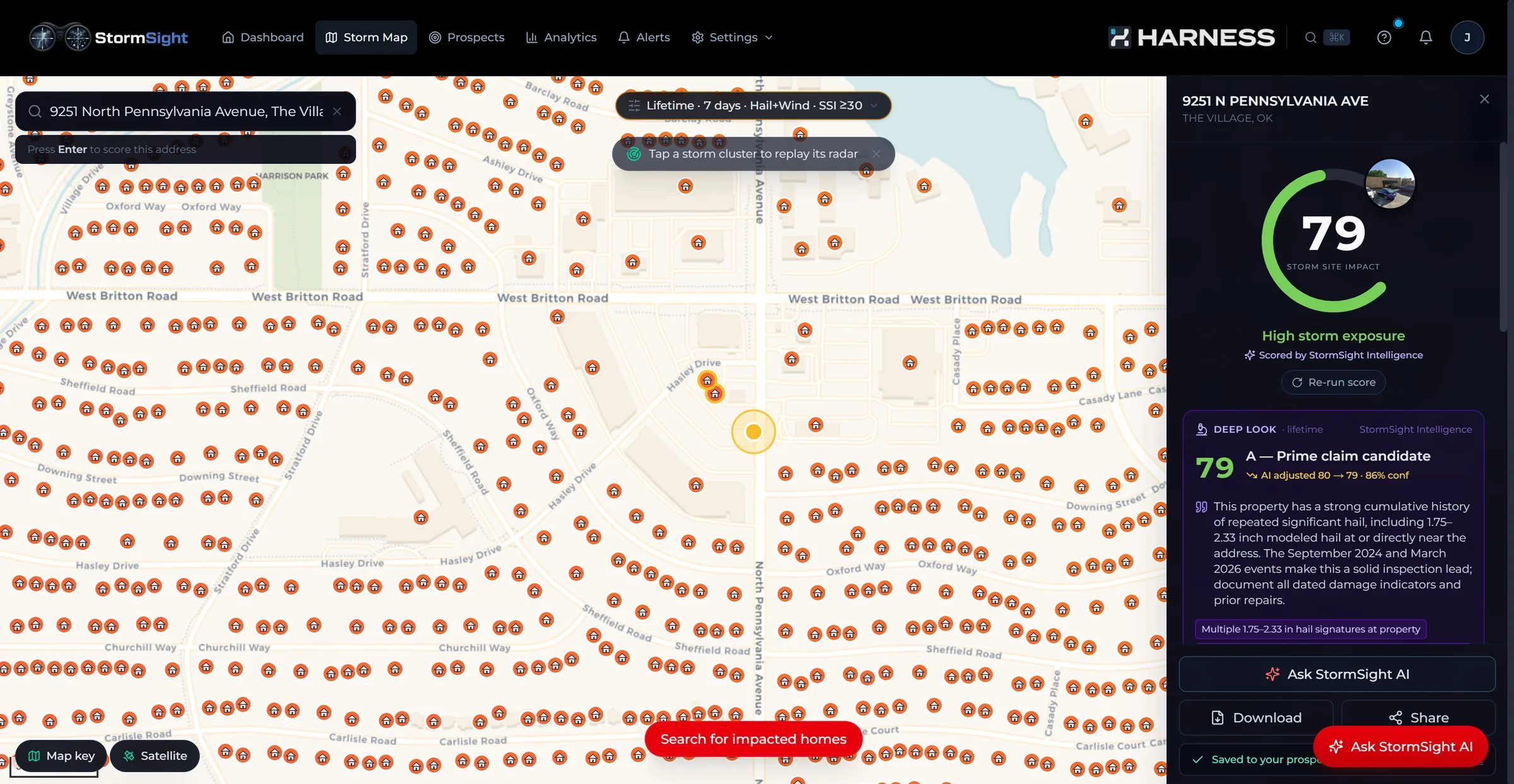 9251 N Pennsylvania Ave, The Village scored on the desktop storm map: Storm Site Impact 79, high storm exposure, Deep Look grade A prime claim candidate citing multiple 1.75–2.33 inch hail signatures at the property