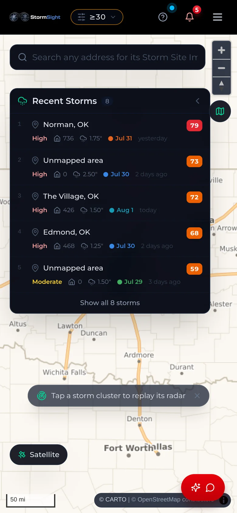 Mobile storm map with the ranked Recent Storms rail