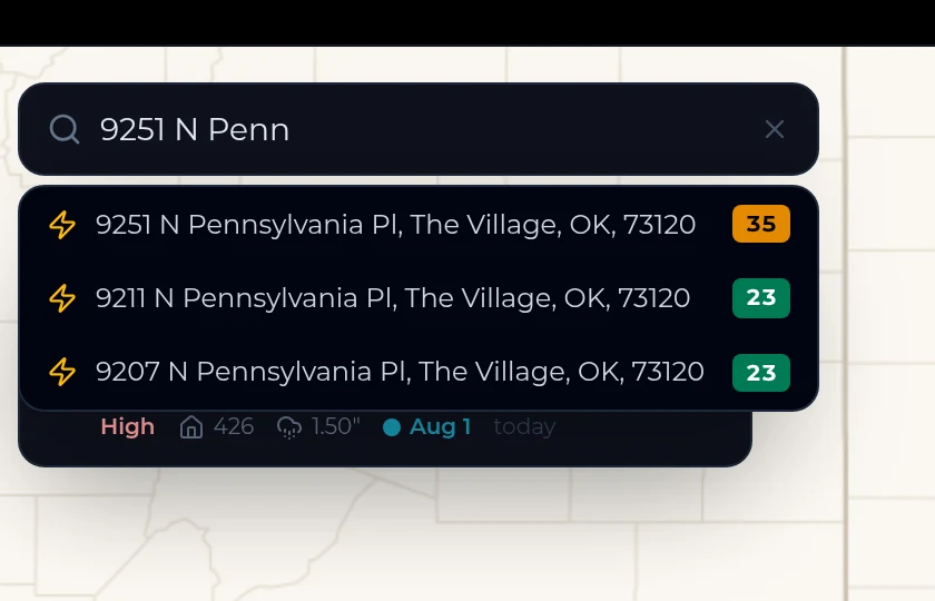 Searching “9251 N Penn” — three N Pennsylvania Pl addresses come back instantly, each with its own Storm Site Impact badge: 35, 23 and 23